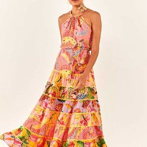 Farm Rio Multi Colored Long Halter Formal Dress Large